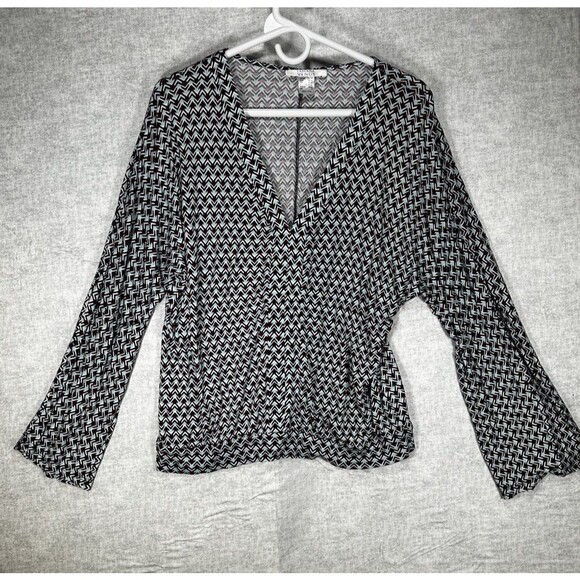 Lascana Venus Southwestern V Neck Blouse Womens Sz Small Top Peplum Bell Sleeve - Picture 2 of 6